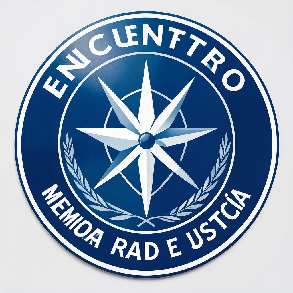 Emblema circular del Encuentro Memoria Verdad y Justicia, con tonos azules profundos y blancos, evocando solemnidad y compromiso