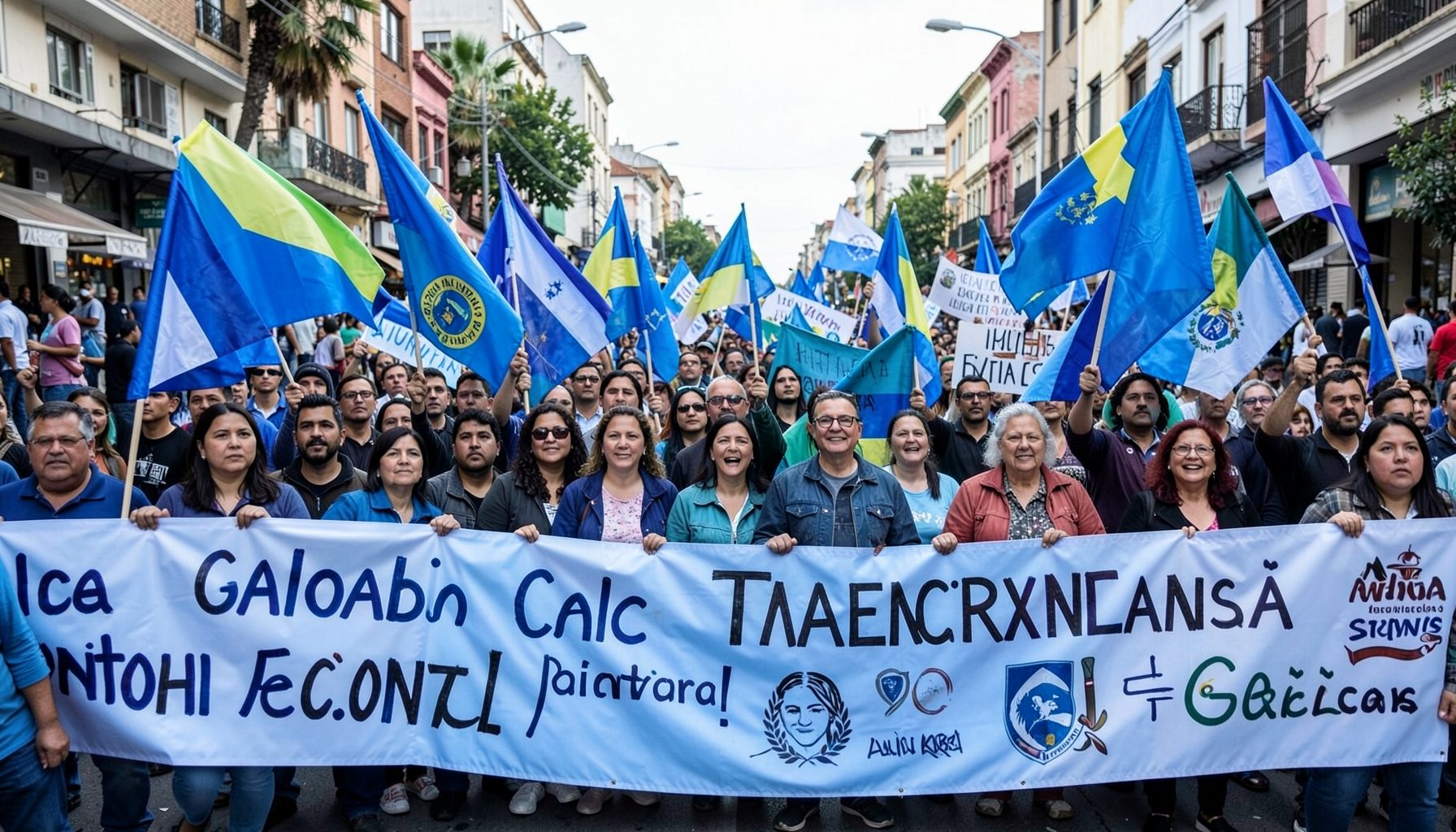 Manifestación callejera con banderas argentinas y pancartas de organizaciones sociales, en tonos azules y celestes, ambiente de movilización