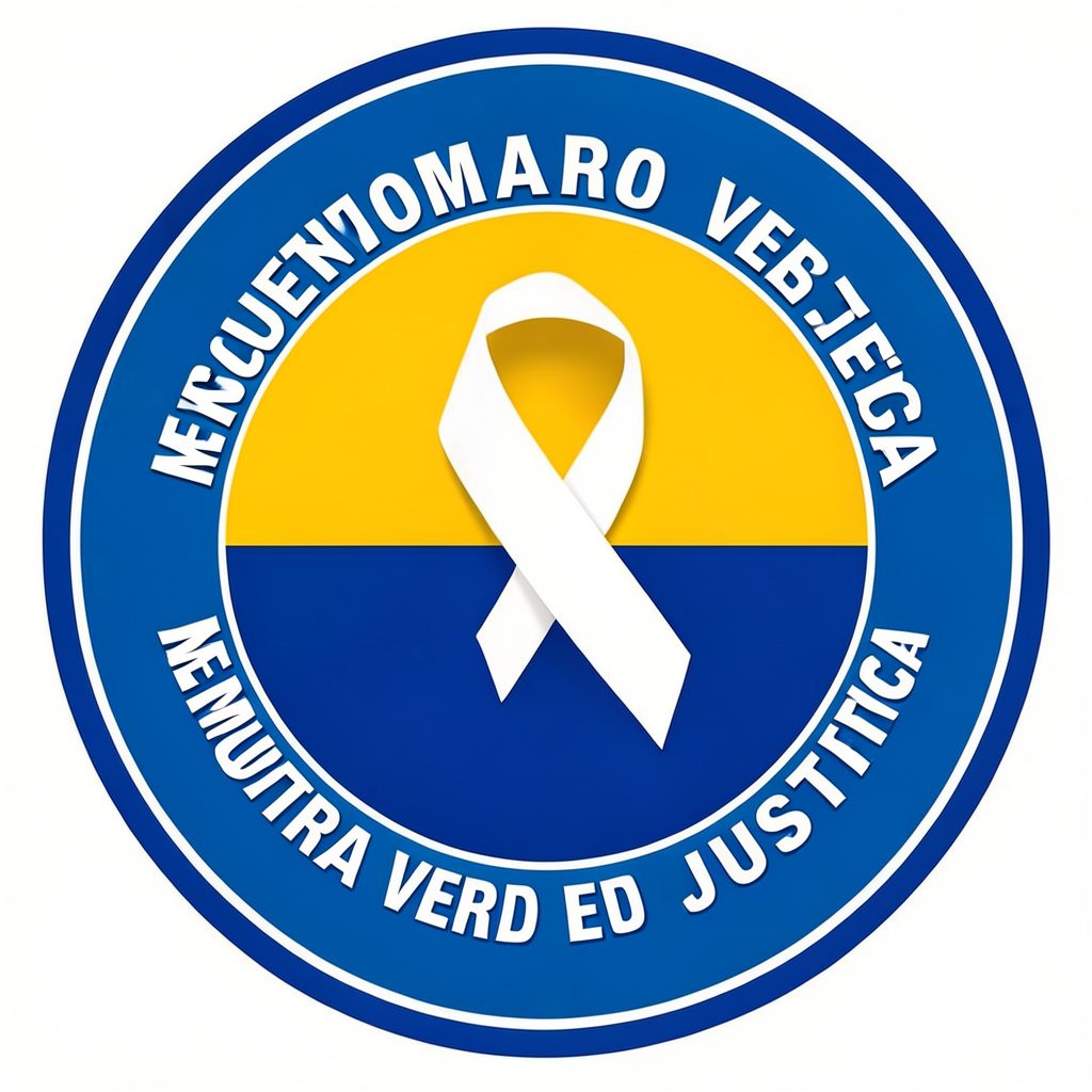 Emblema circular del Encuentro Memoria Verdad y Justicia, con los colores de la bandera argentina y una silueta de pañuelo blanco