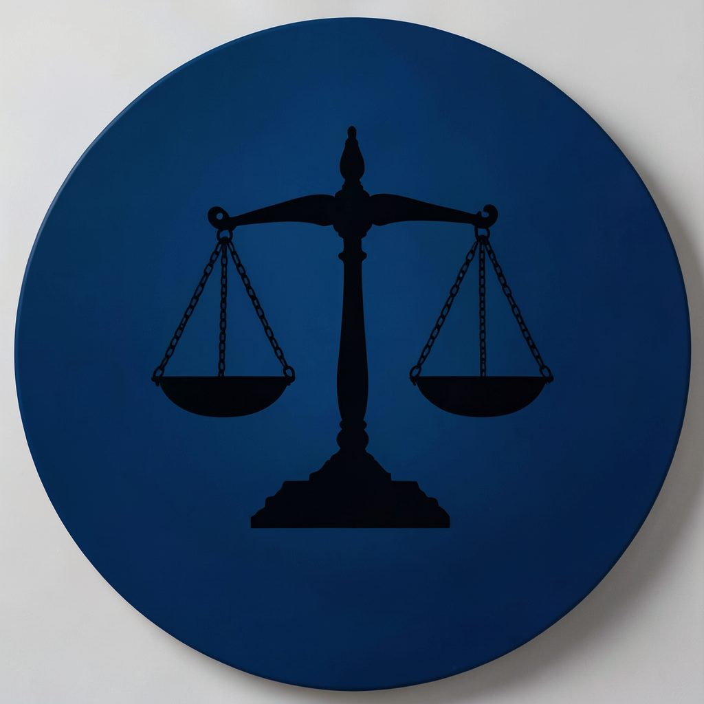 Círculo con fondo azul profundo y silueta de una balanza, representando la exigencia de justicia