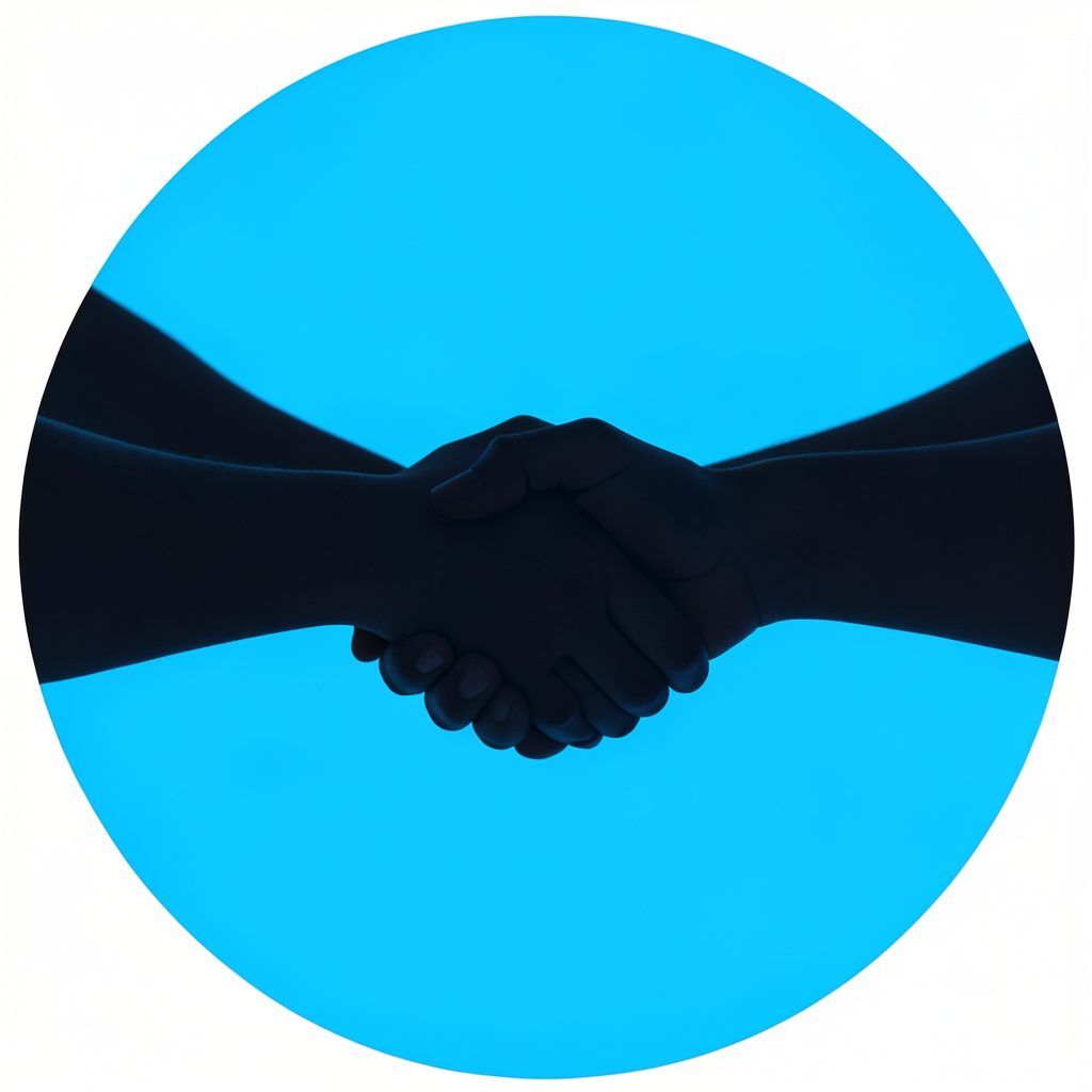 Círculo con fondo celeste y silueta de manos entrelazadas, simbolizando solidaridad y defensa de derechos