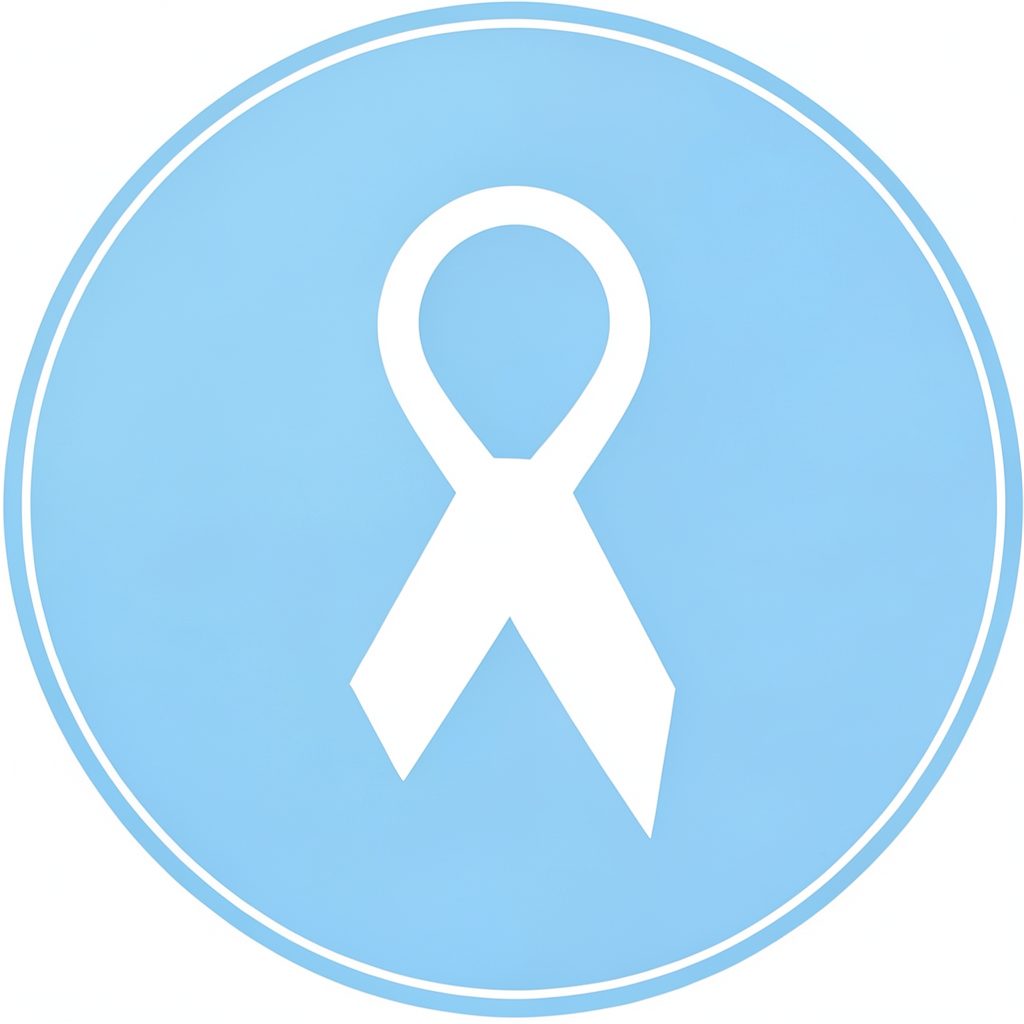 Emblema circular con fondo azul claro y silueta de pañuelo blanco, símbolo de memoria y derechos humanos