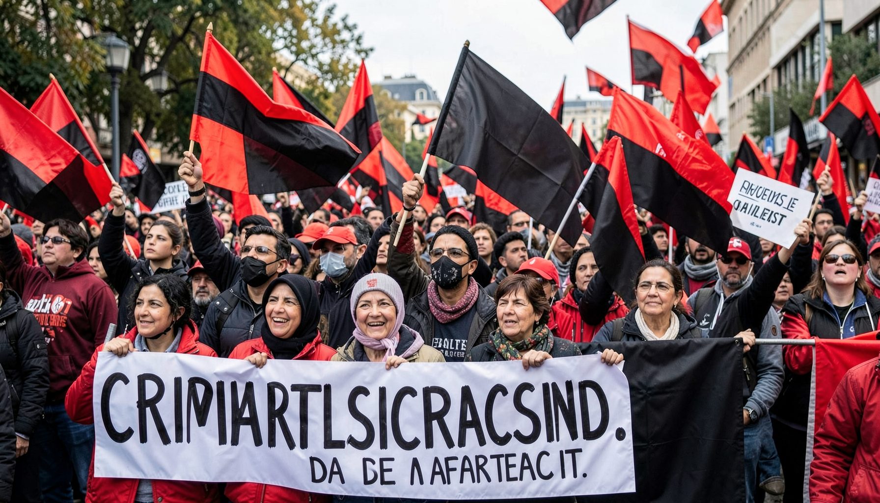 Manifestantes con carteles contra la criminalización de la protesta, colores rojo y negro predominantes en las banderas