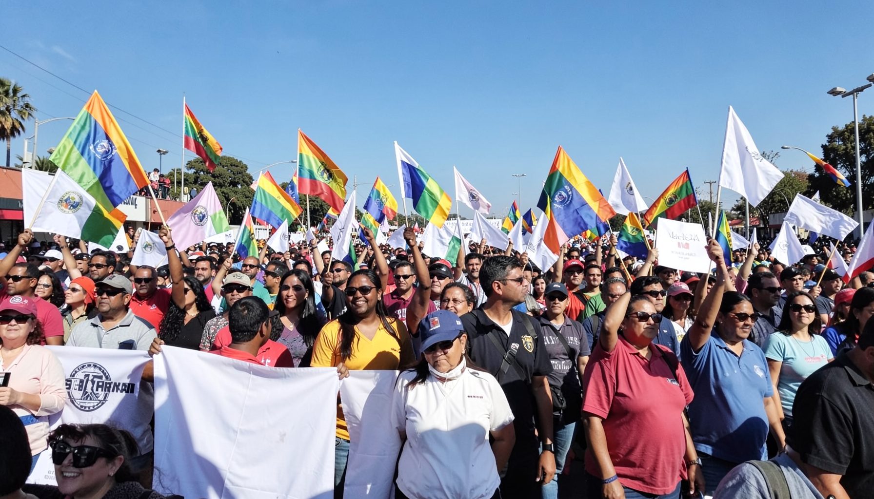 Multitud en una marcha con banderas argentinas y pancartas blancas bajo un cielo celeste, atmósfera de movilización popular