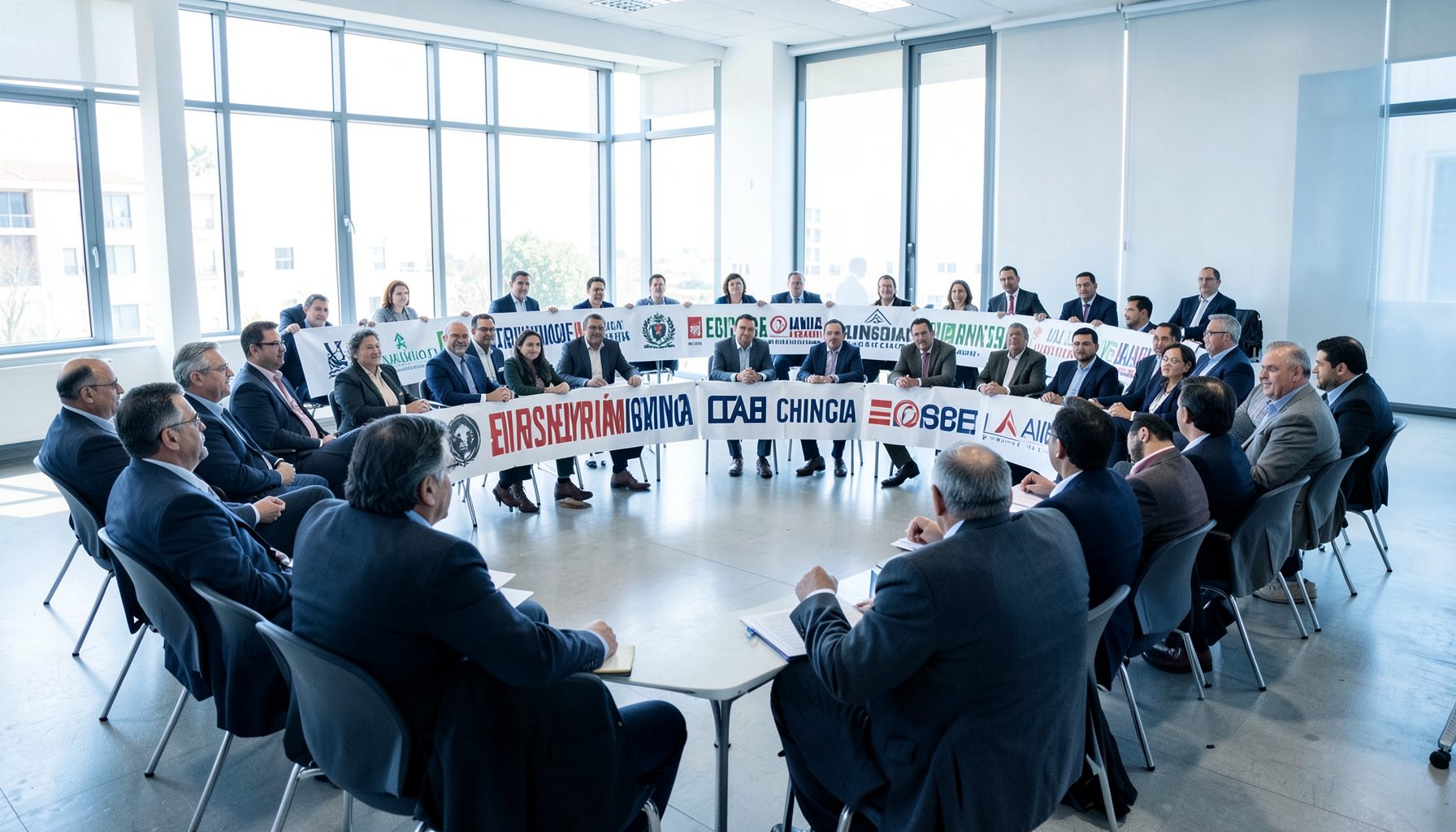 Plenario con delegados sentados en círculo, pancartas de distintas provincias, luz natural de ventanal amplio, tonos azules