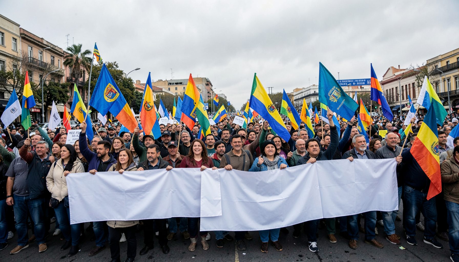 Manifestación callejera con banderas argentinas y pancartas blancas bajo un cielo gris, ambiente de reclamo colectivo