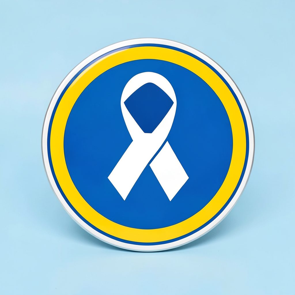 Emblema circular con los colores de la bandera argentina y una silueta de pañuelo blanco, sobre fondo celeste claro