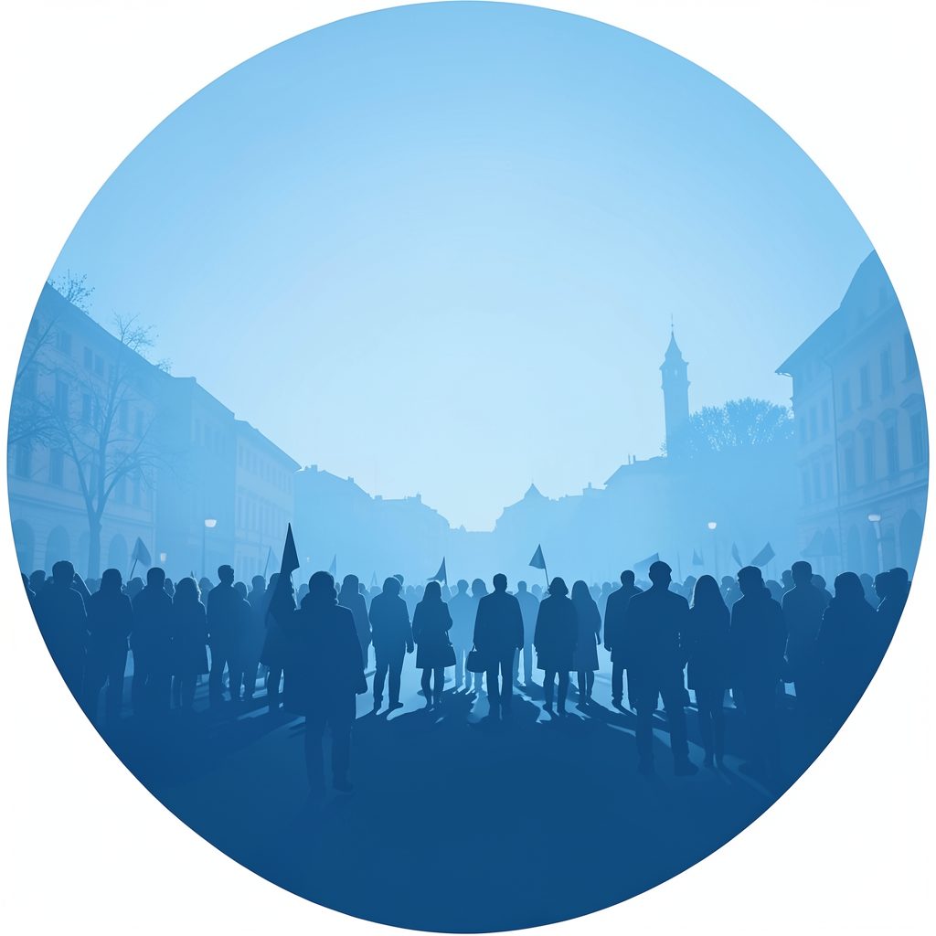 Círculo con fondo azul suave y silueta de una plaza con gente reunida, evocando movilización pacífica