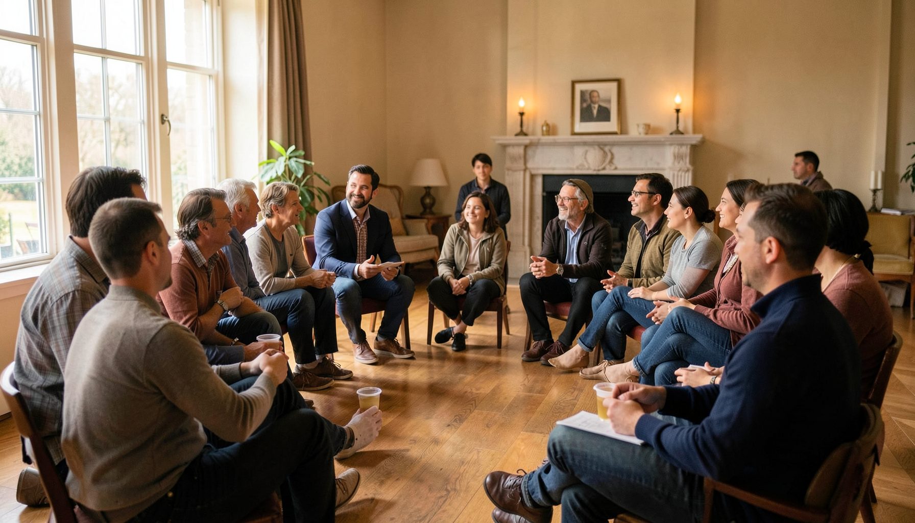 Grupo de personas reunidas en círculo en un salón amplio, luz natural de ventana, tonos cálidos y ambiente de debate colectivo