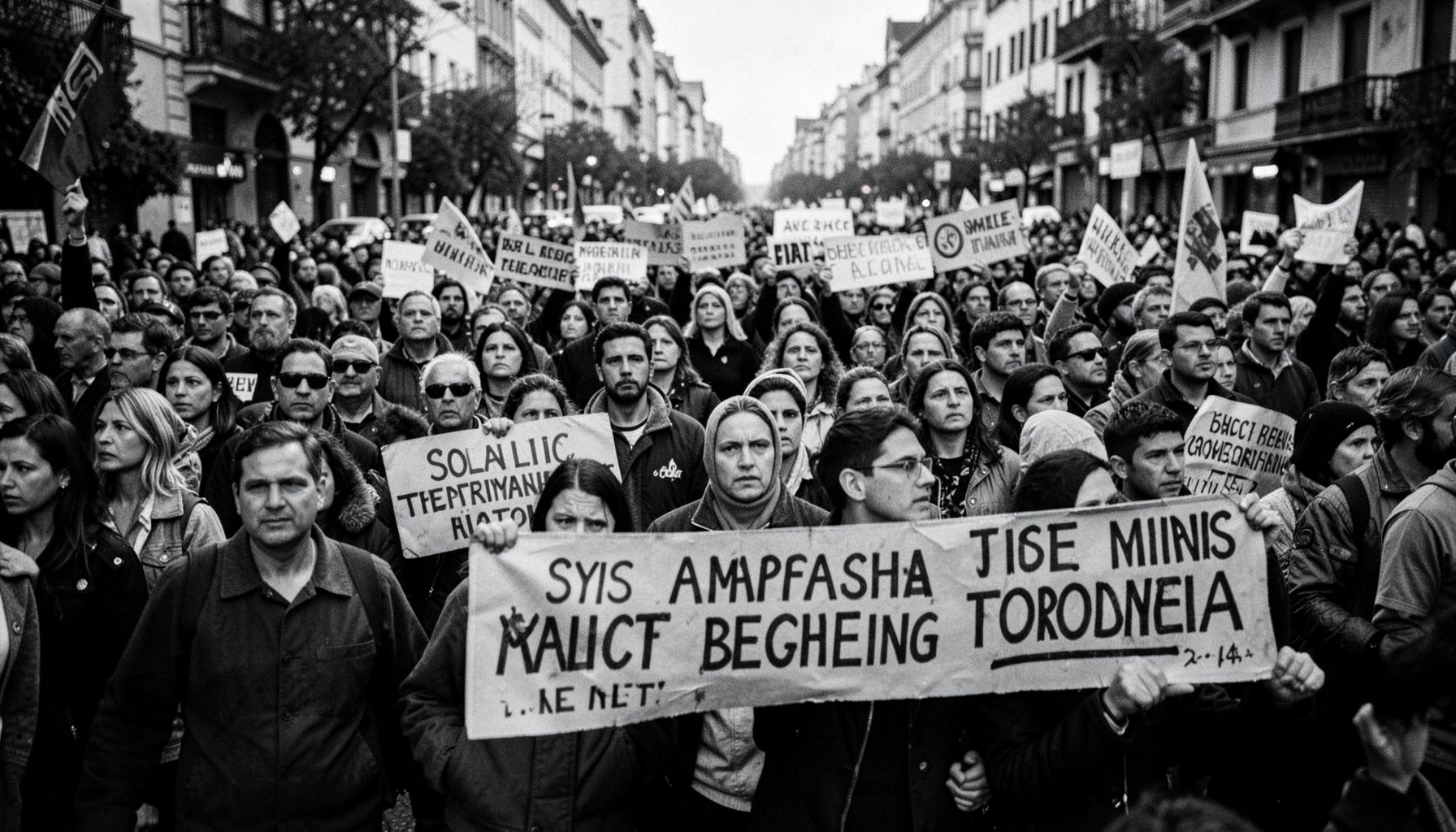 Fotografía en blanco y negro de una multitud con pancartas en una marcha por la memoria, tonos grises y contrastes profundos