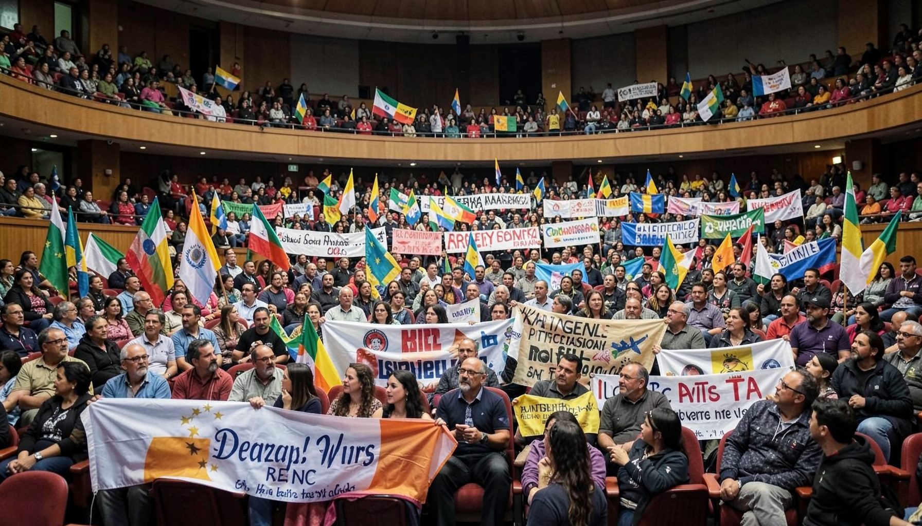 Multitud reunida en un auditorio amplio con banderas argentinas y pancartas de organizaciones sociales, ambiente de debate