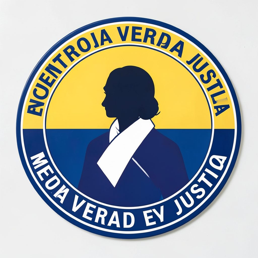 Emblema circular del Encuentro Memoria Verdad y Justicia, con los colores de la bandera argentina y una silueta de pañuelo blanco al centro